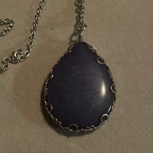 Dark Blue Natural Stone Teardrop Pendant Silver Tone Chain Necklace